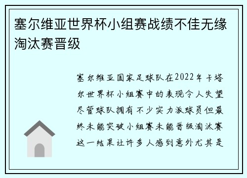 塞尔维亚世界杯小组赛战绩不佳无缘淘汰赛晋级